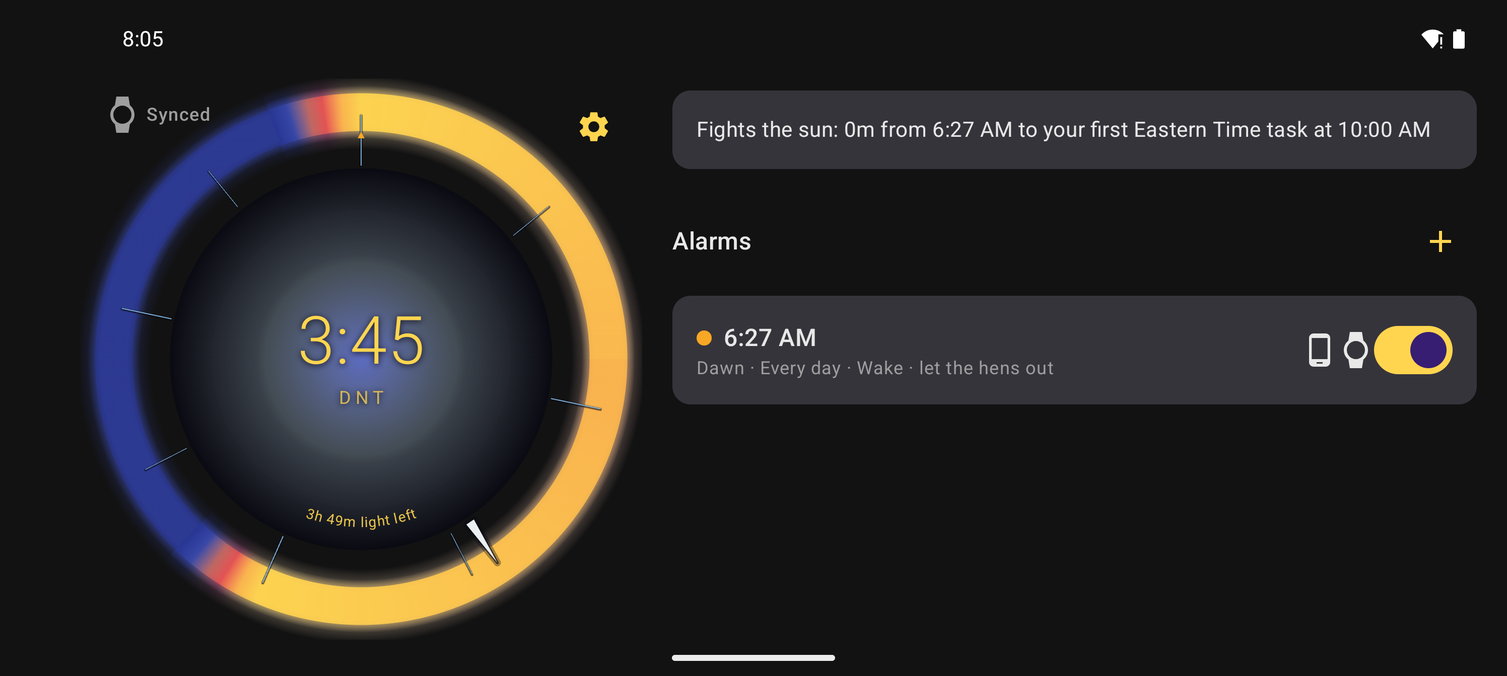 Dawn Time on a phone in landscape: sun-wheel beside a dawn wake labeled let the hens out.
