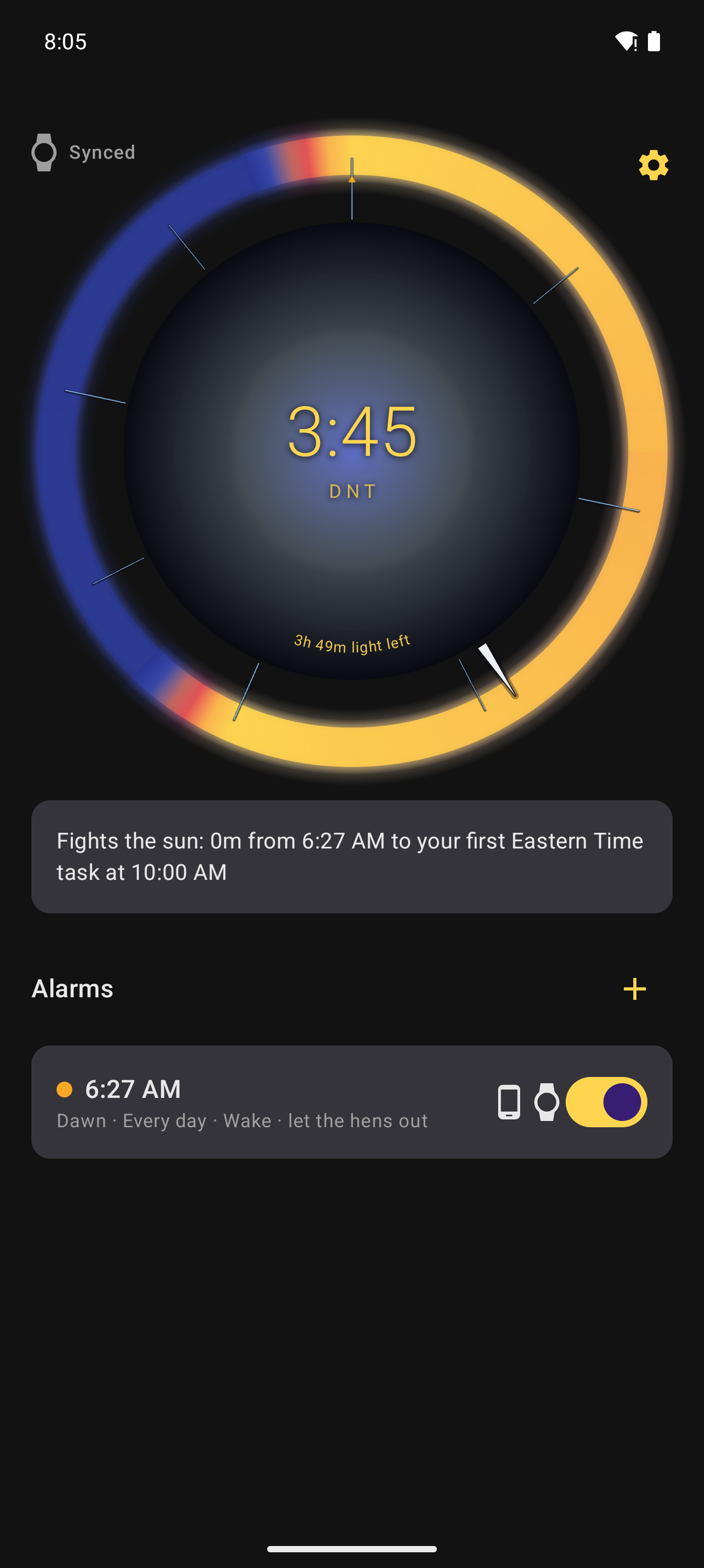 Dawn Time phone: sun-wheel showing Dawn Time (DNT) and light left, with a dawn wake alarm.