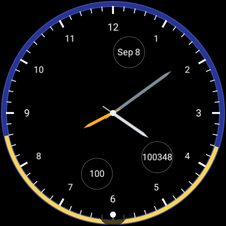 Dawn Time Wear OS watch face: analog zone-clock hands, yellow daylight arc, and a sun mark at the rim.